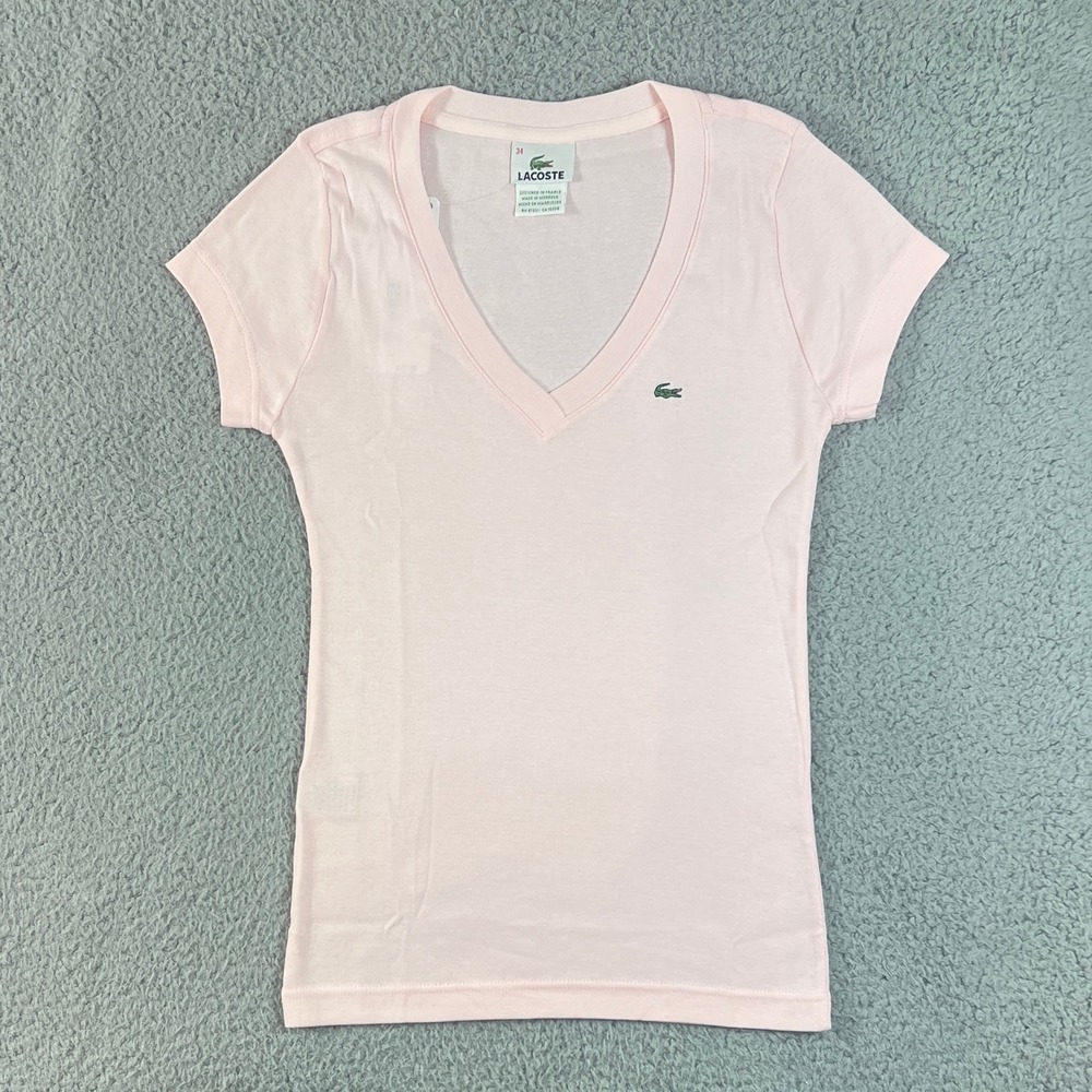 Lacoste V-Neck‎ T-Shirt Women US Size S (EU/2) Pink Cotton Short Sleeve Logo NWT
